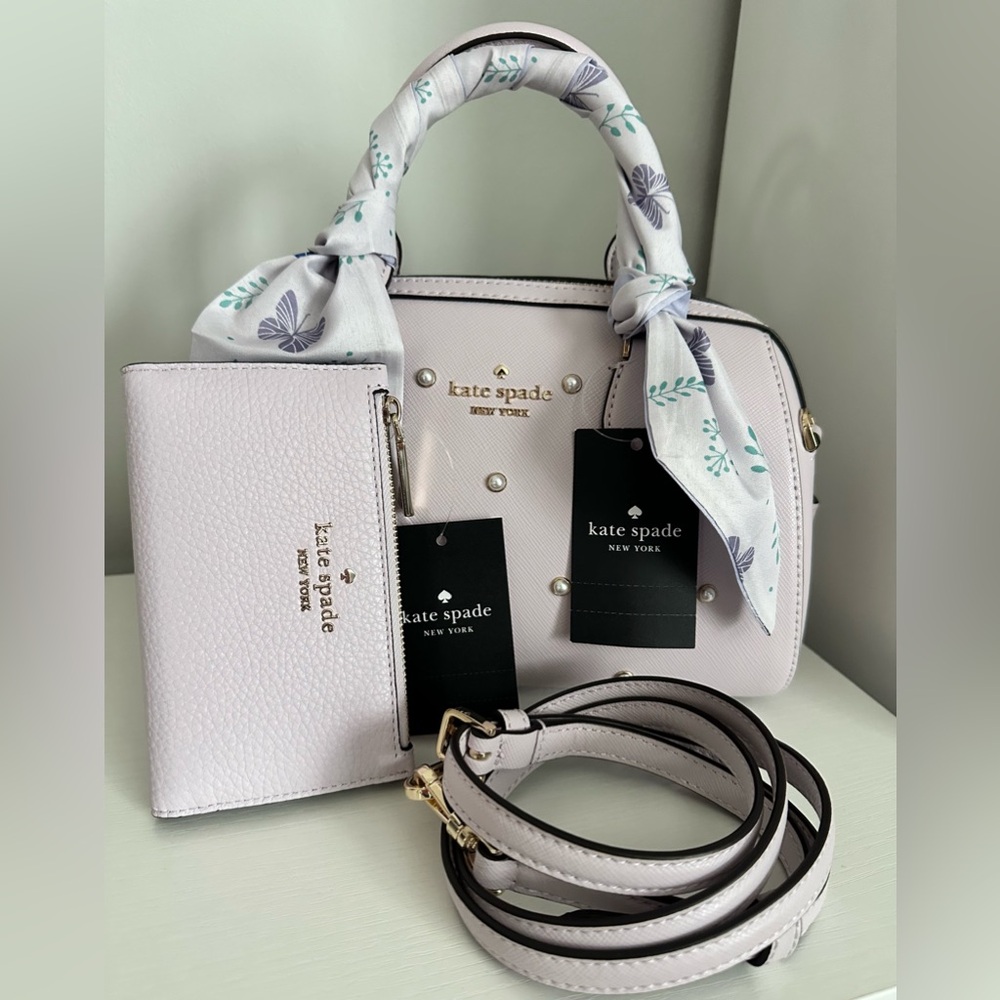 Kate Spade Madison Faux Pearl Studded Satchel + Leila Wallet in (Lilac Moon) - Picture 14 of 14